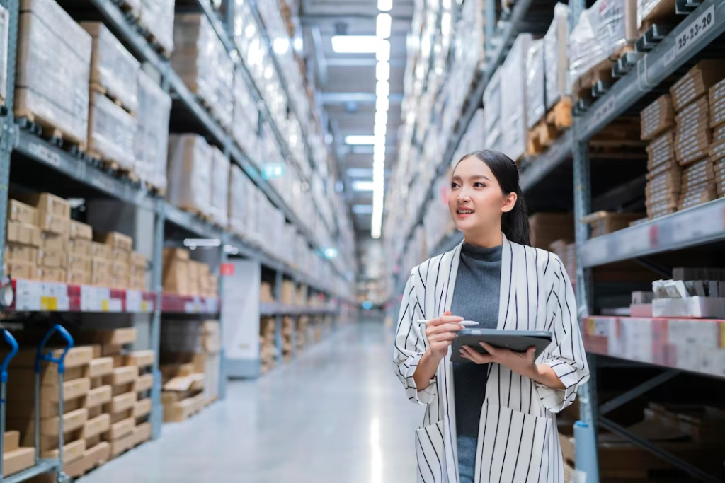 asian woman business owner using digital tablet checking amount of stock product inventory 